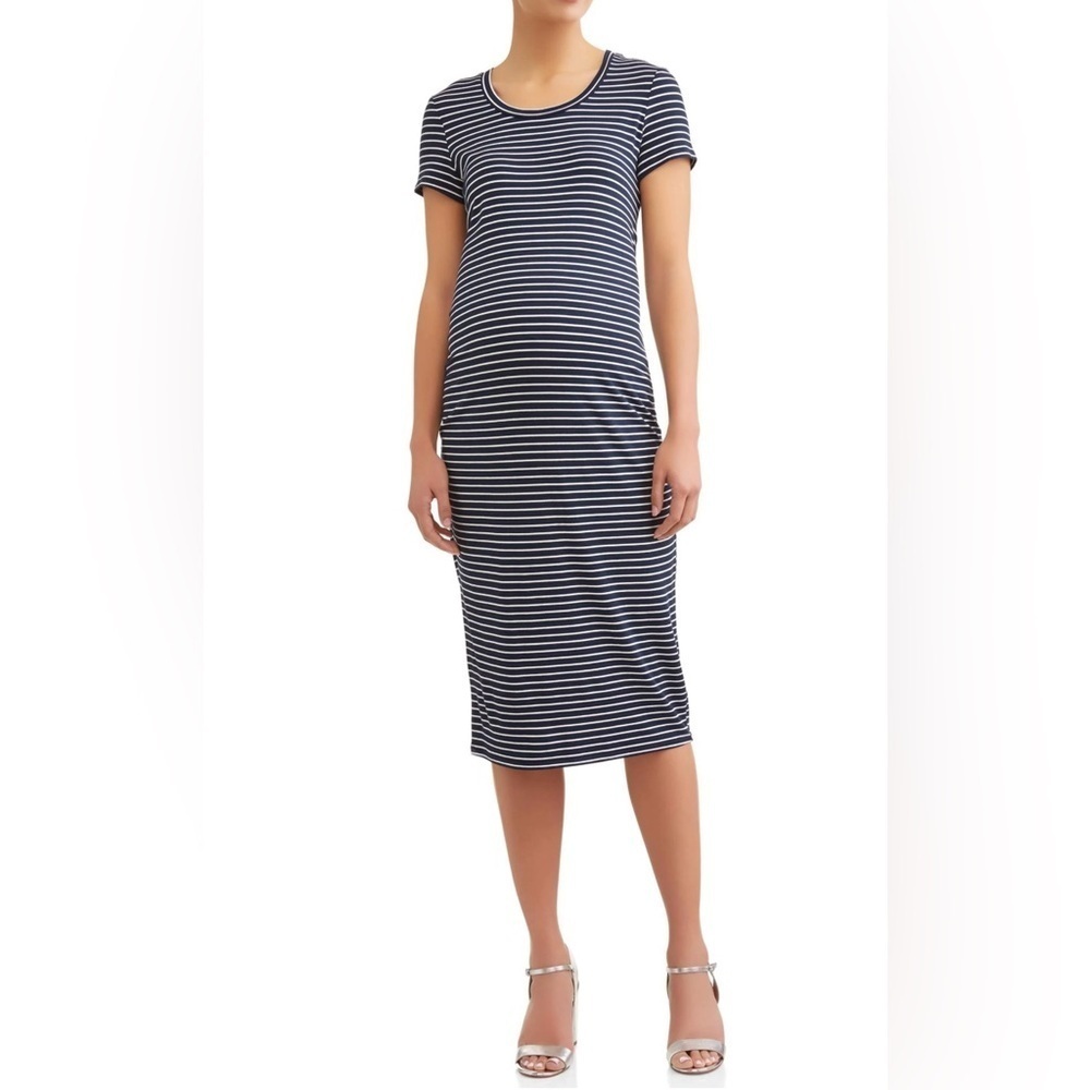 Time & TruStriped Navy and White Midi Maternity Dress 12/14
